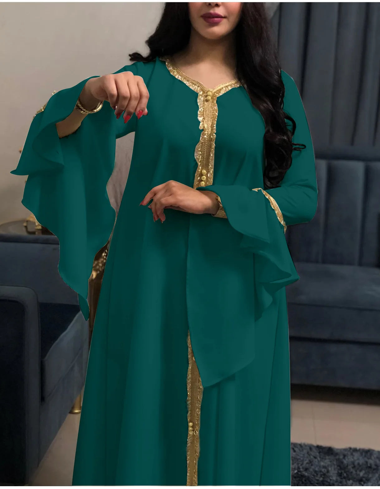 Autumn Modest Muslim Dress for Women Ruffles Sleeve Embroidered Abaya Duabi Arabic Vestidos Moroccon Kaftan Islamic Gown Robe