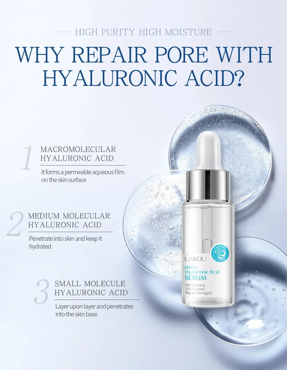 LAIKOU Hyaluronic Acid Serum Moisturizing Smoothing Face Essence Skin Care Shrink Pore Cream For Dry Facial Skin