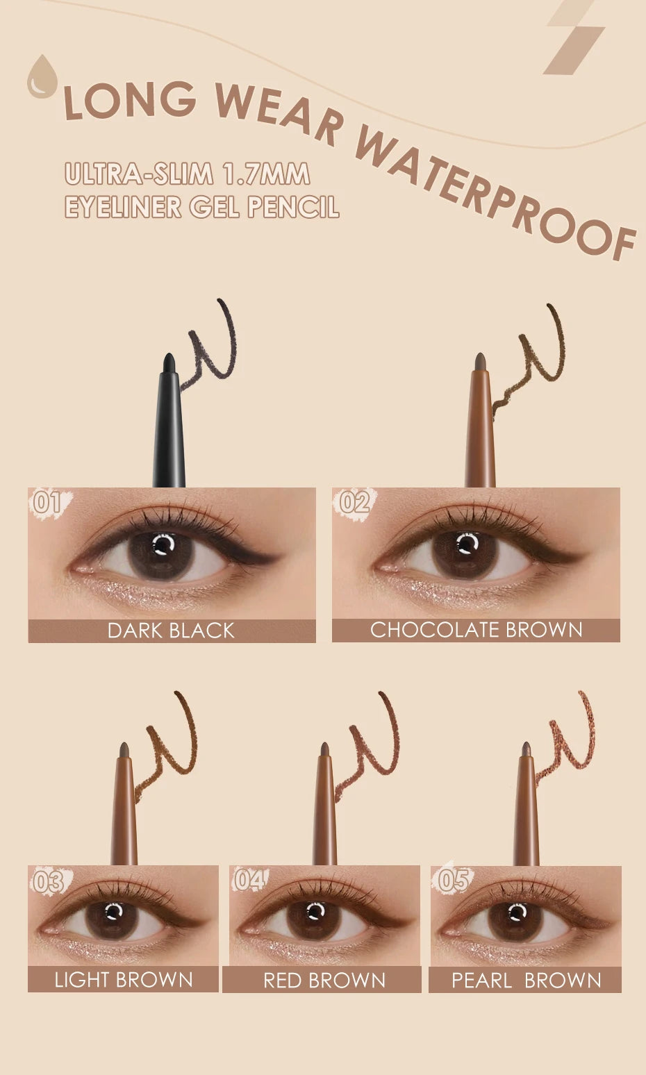 FOCALLURE Waterproof Eyeliner Gel Pencil Ultra-slim 1.7mm Soft Easy Wear High Pigment Long Lasting Eyes Makeup