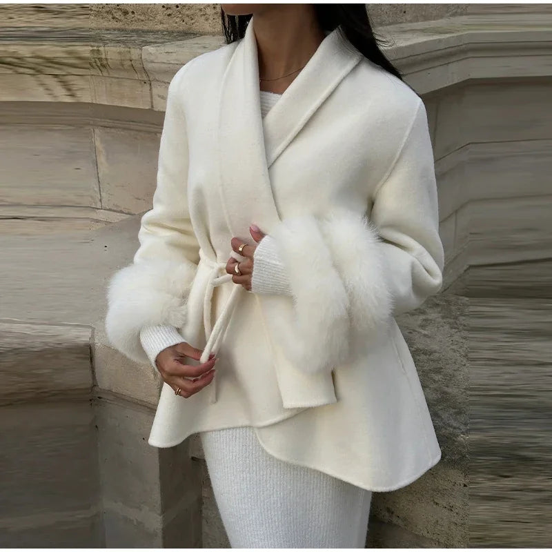 Elegant Fur Shawl Women's Coat Long Sleeve Patchwork Woolen Lace Up V-neck Solid Female Coats 2025 Autumn Winter Lady Jackets