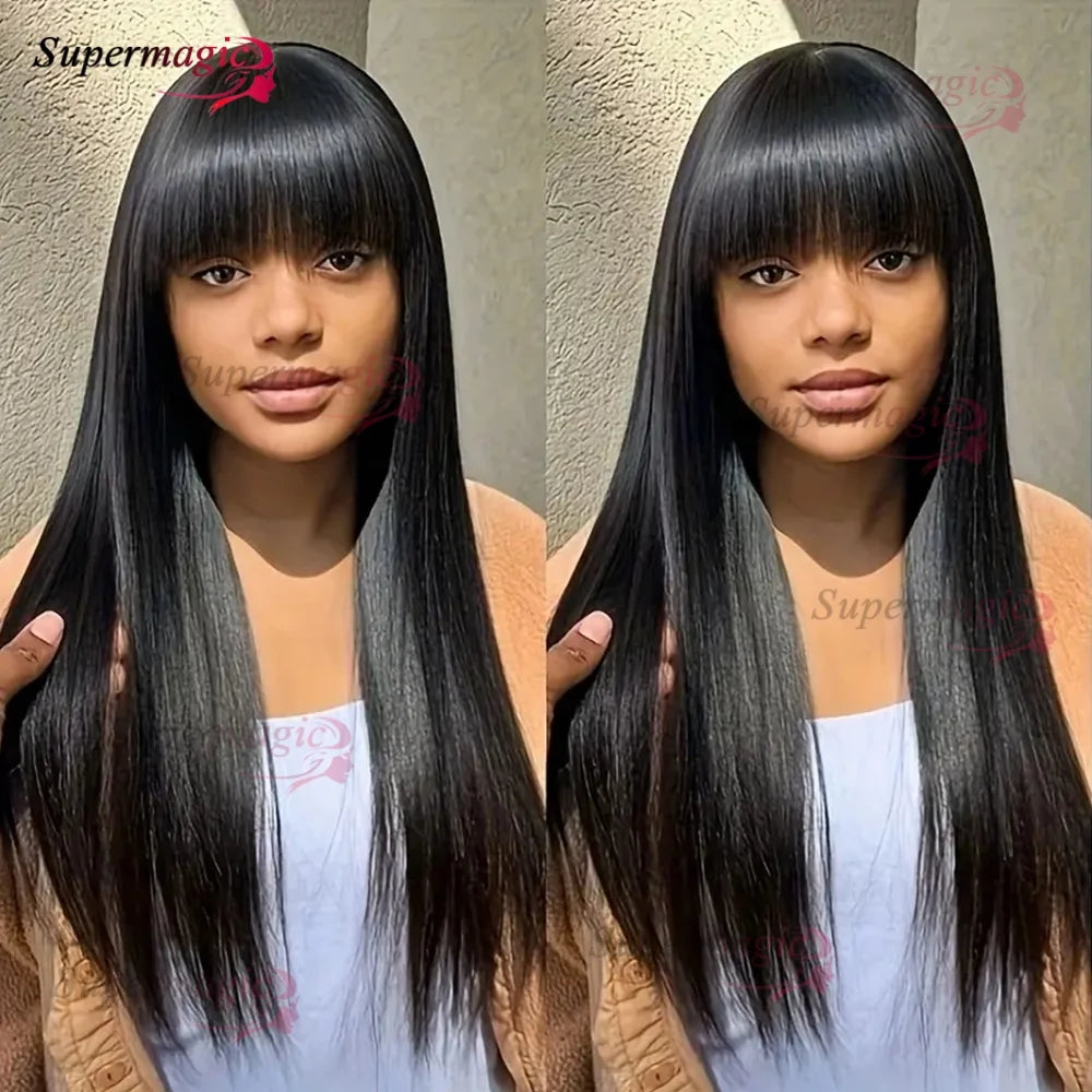 Raw Indian Bone Straight Human Hair With Bangs 4x4 Lace Middle Part Wigs For Black Women Brazilian 30 32 Inch Cheap Glueless Wig