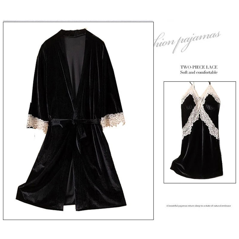 Pajama Set Woman Thick Flannel Velvet Female Fall Sexy Lace Long-sleeved Suit With Corset Pads Sling Nightgown Robe Homewear