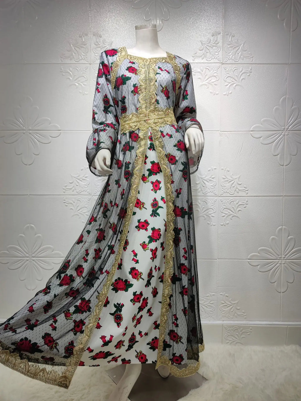Luxury Middle East Abayas for Women Dubai Dress Lace Applique Mesh Printing Long Sleeves Elegant Evening Party Muslim Clothes