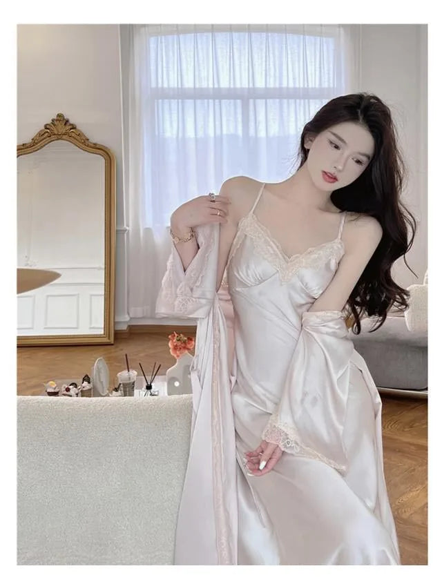 Sexy Ladies Silk Homewear French Pajamas Women's Spring And Fall Senior Ice Silk Extra-long Nightgown Wedding Bride Robe