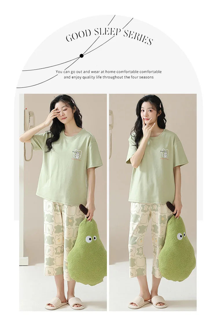 New Summer Pajamas Homewear Suit Women's Short-Sleeved Long Pants Ladies Large Size Loose Leisure Homewear Two-Piece Set