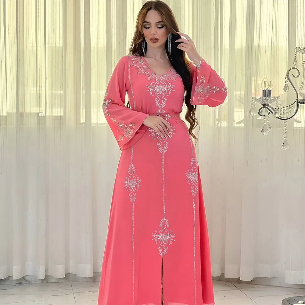 2026 Saudi Arabia Dubai Fashion Diamond Dress Women Muslim Dresses Abaya Chiffon Robe Middle Eastern Women's Clothing Maxi Dress