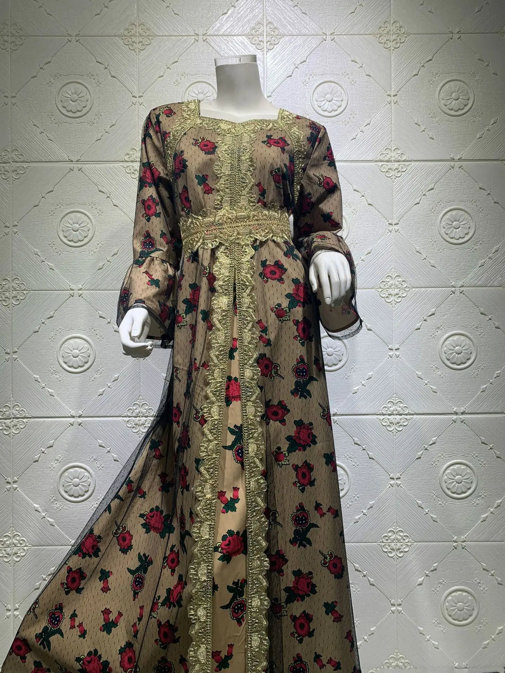 Luxury Middle East Abayas for Women Dubai Dress Lace Applique Mesh Printing Long Sleeves Elegant Evening Party Muslim Clothes