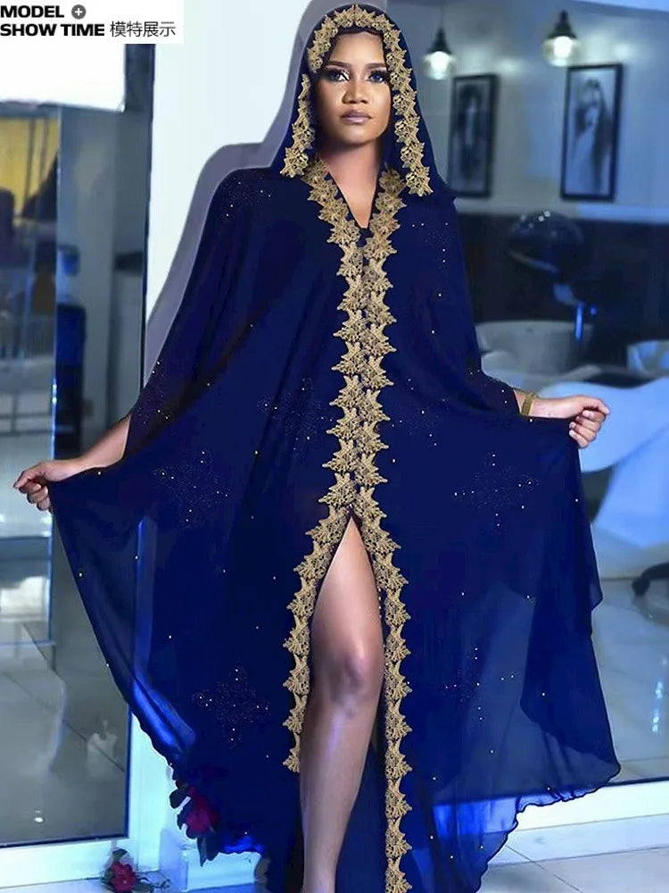 Abaya New Fashion American European Women's Black Blue Loose Hooded Long Sleeve Ankle Length Embroideried Diamond Studded Dress