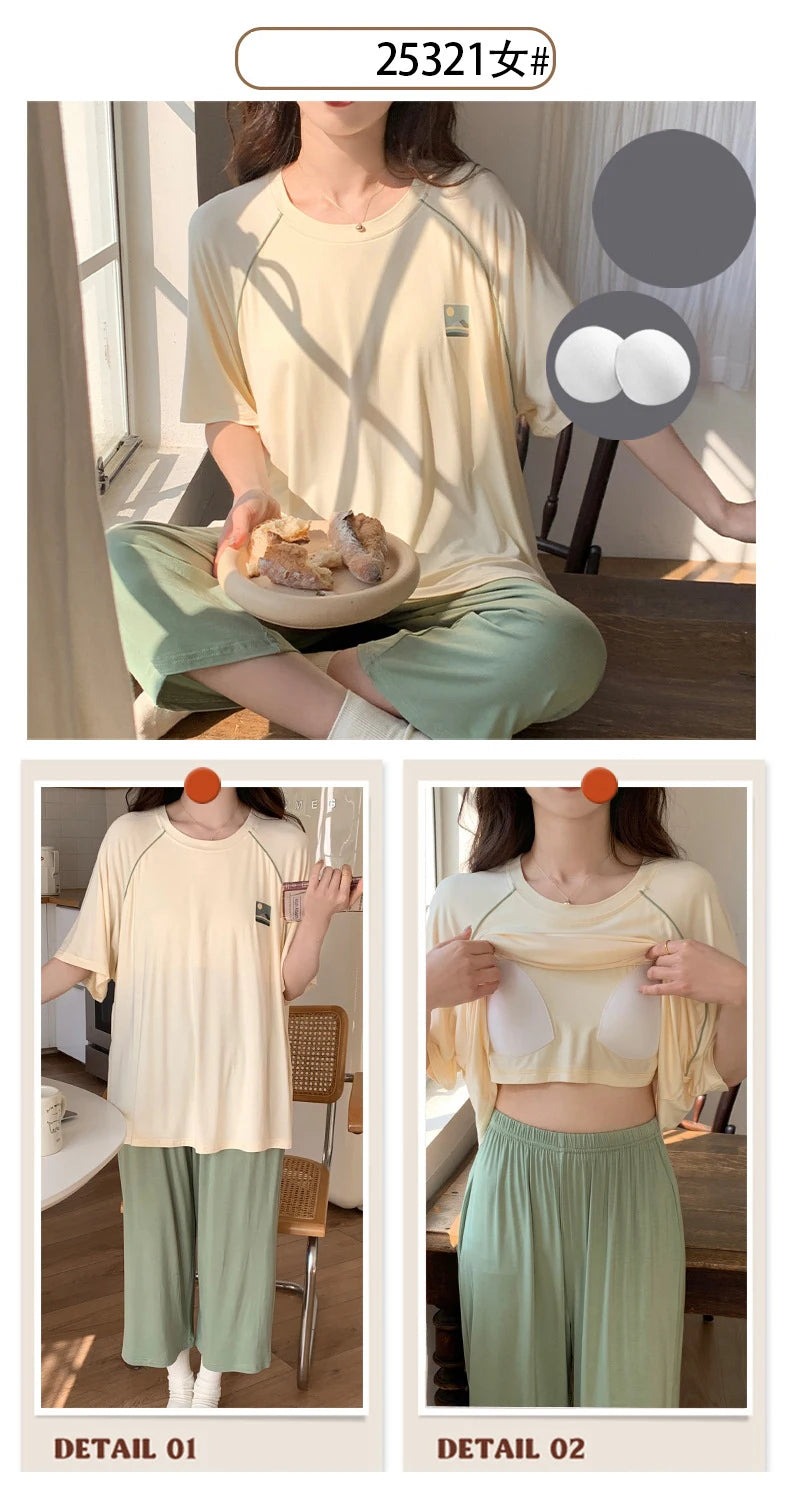 Female Loungewear Pijama Mujer Homewear Summer Nightwear Elegant Women's Pajama Sets Women With Breast Pad Femme Sleepwear