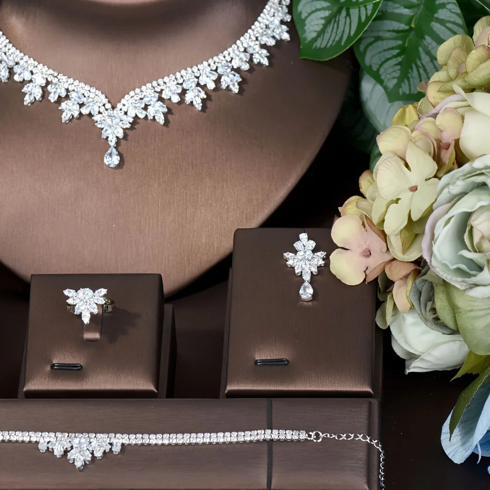 Classic Water Drop Cubic Zirconia Dubia Women Bridal Jewelry Sets 4PCS Necklace Earring Set Bijoux Femme Ensemble S-342