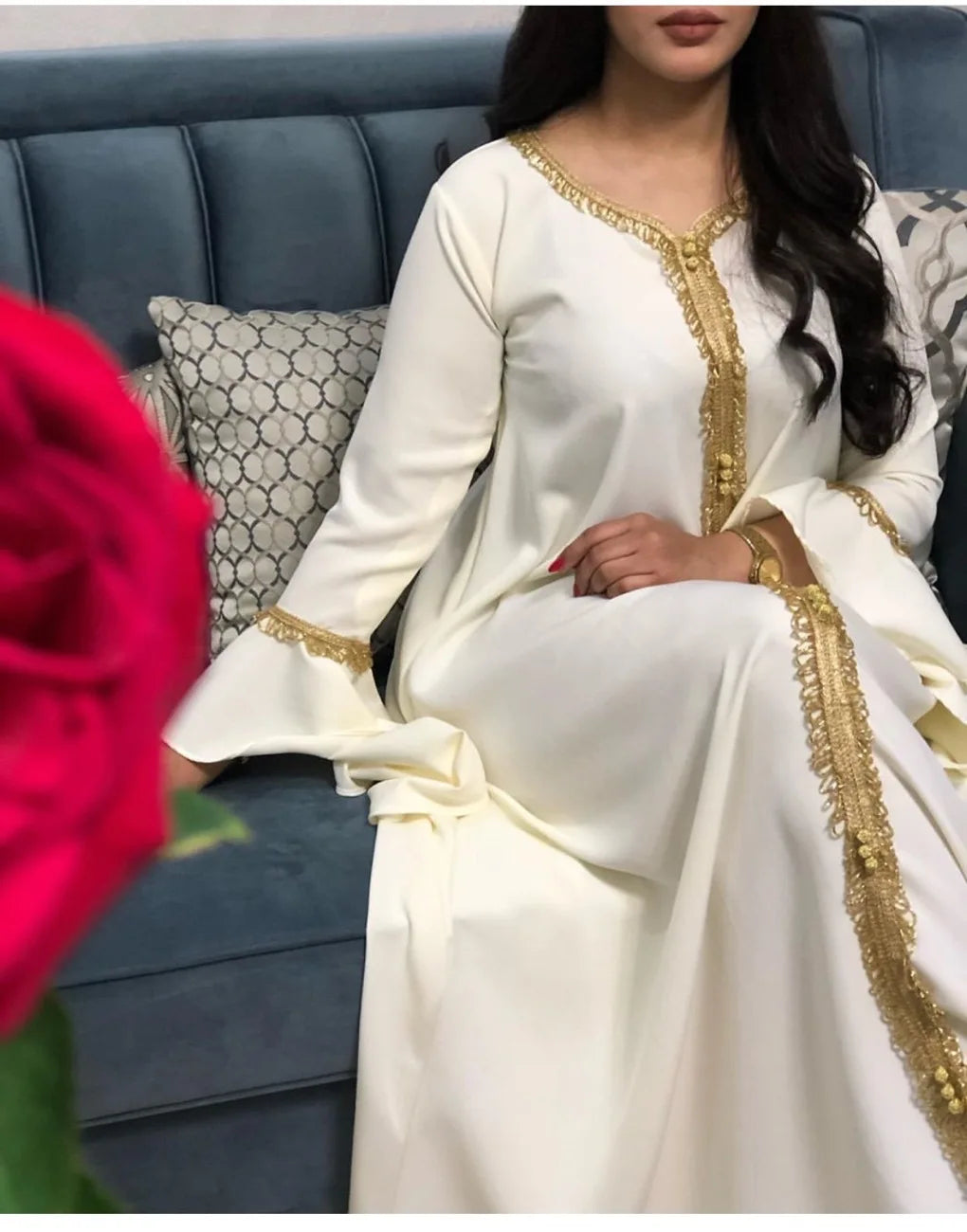 Jalabiya Kaftan Arabic Dress For Women Dubai Turkey Abaya Embroidery Loose Djellaba Muslim Fashion Islamic Clothing White
