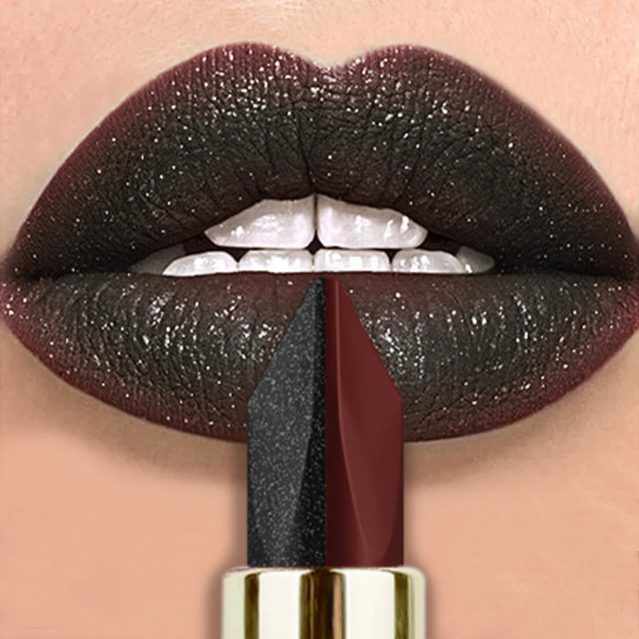 1PC Glitter Waterproof Two-tone Lipstick Matte Non-stick Pearlescent Diamond Lip Tint Red Black Brown Lips Makeup for Women Cosm
