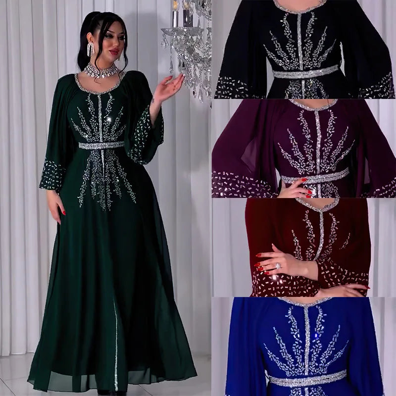 New 2025 Chiffon Diamonds Abayas for Women Luxury Dubai Abaya Turkey Kaftan Muslim Dress Djellaba Jalabiya Caftan Marocain Femme