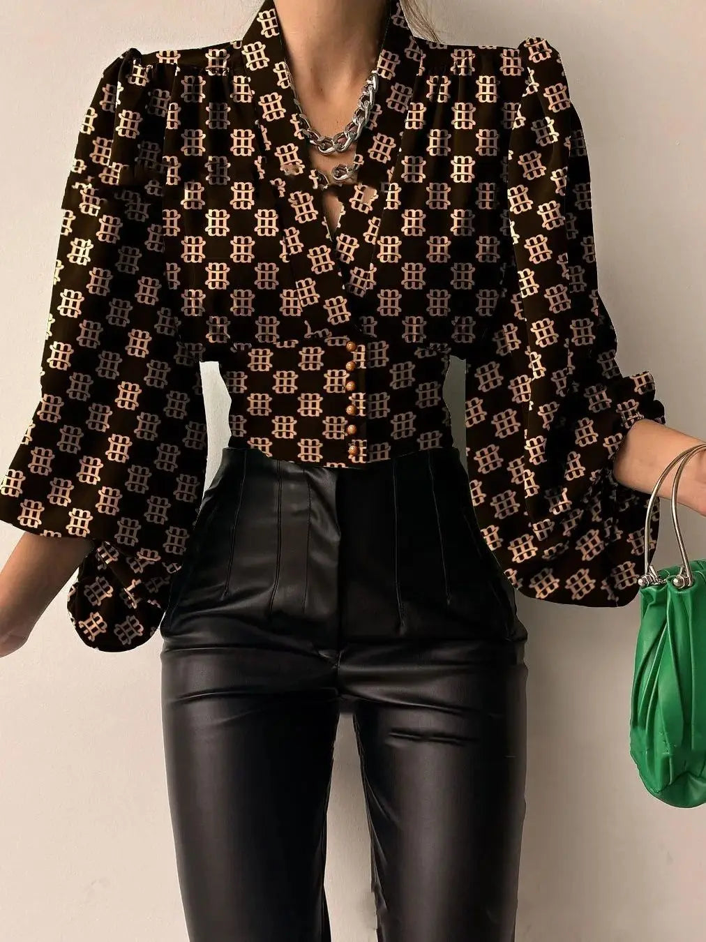 2022 New Spring Elegant Lantern Long Sleeve Shirts V-neck Button Solid Color Print Slim Shirt Casual Fashion Lady Office Blouses