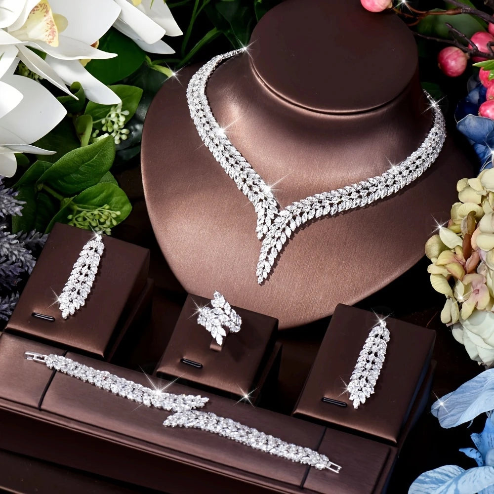 Simple CZ Ladies Jewelry Sets Water Drop Cubic Zirconia Crystal Tassel Earrings and Necklace Set for Women Gifts S-341