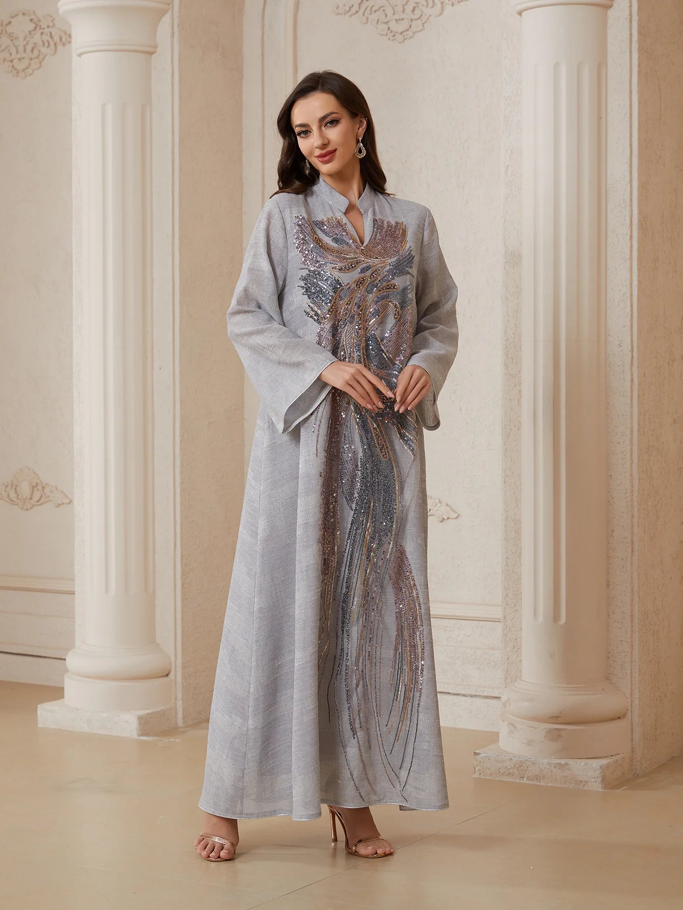 Uni Dubai Sequins Embroidery Luxury Woman Evening Dress Mesh Sleeve Abaya V-Neck Beaded Caftan Marocain Femme 2025