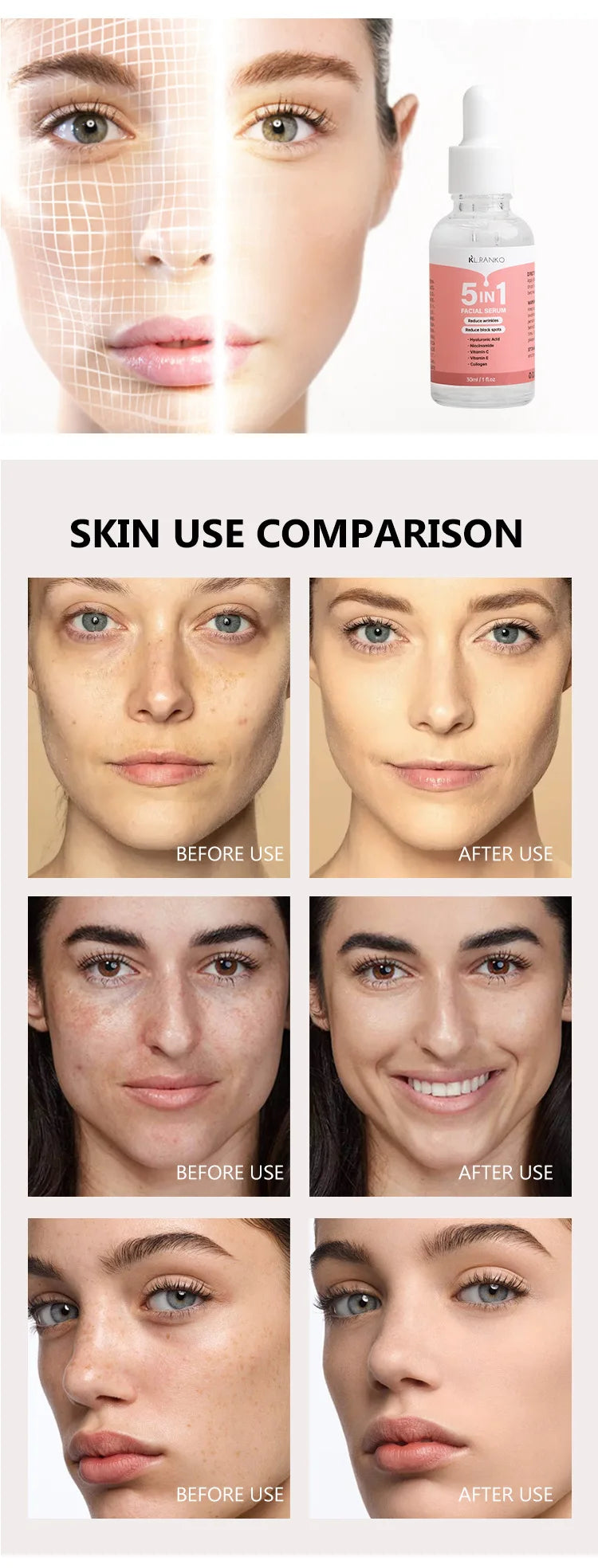 5-in-1 Multi-Action Facial Serum - Hydrates, Firms, Brightens & Reduces Wrinkles for Youthful Skin