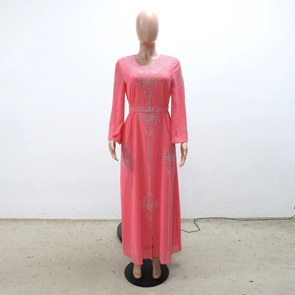 2026 Saudi Arabia Dubai Fashion Diamond Dress Women Muslim Dresses Abaya Chiffon Robe Middle Eastern Women's Clothing Maxi Dress