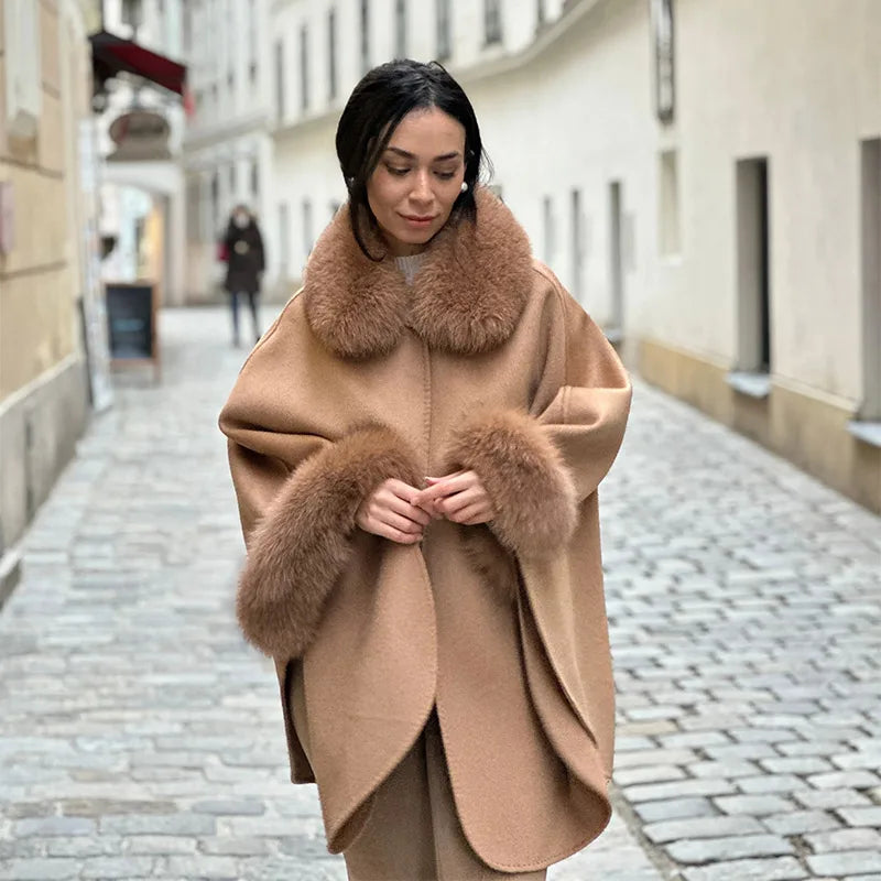 Elegant Fur Patchwork Shawl Coat Women Khaki Woolen Long Sleeve Lapel Open Stitch Loose Coats 2025 Fashion Autumn Winter Outwear