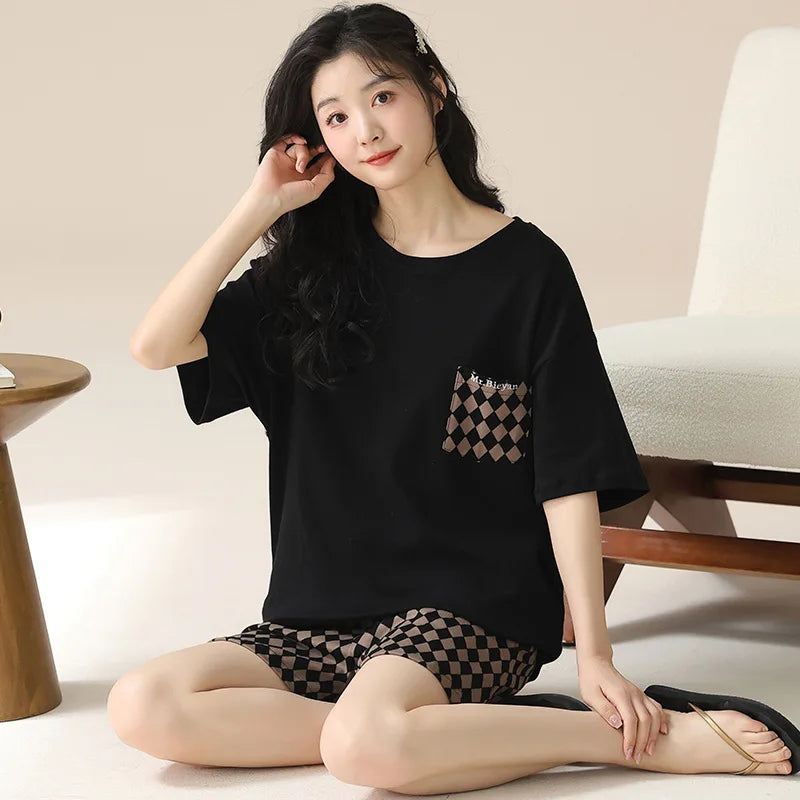 Female Summer Pijamas Short Women Cotton Pajamas Sleeve Shorts Nightwear Sweet Sleepwear Cartoon Pyjamas Woman Home Suit