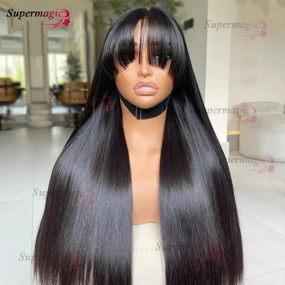 Raw Indian Bone Straight Human Hair With Bangs 4x4 Lace Middle Part Wigs For Black Women Brazilian 30 32 Inch Cheap Glueless Wig