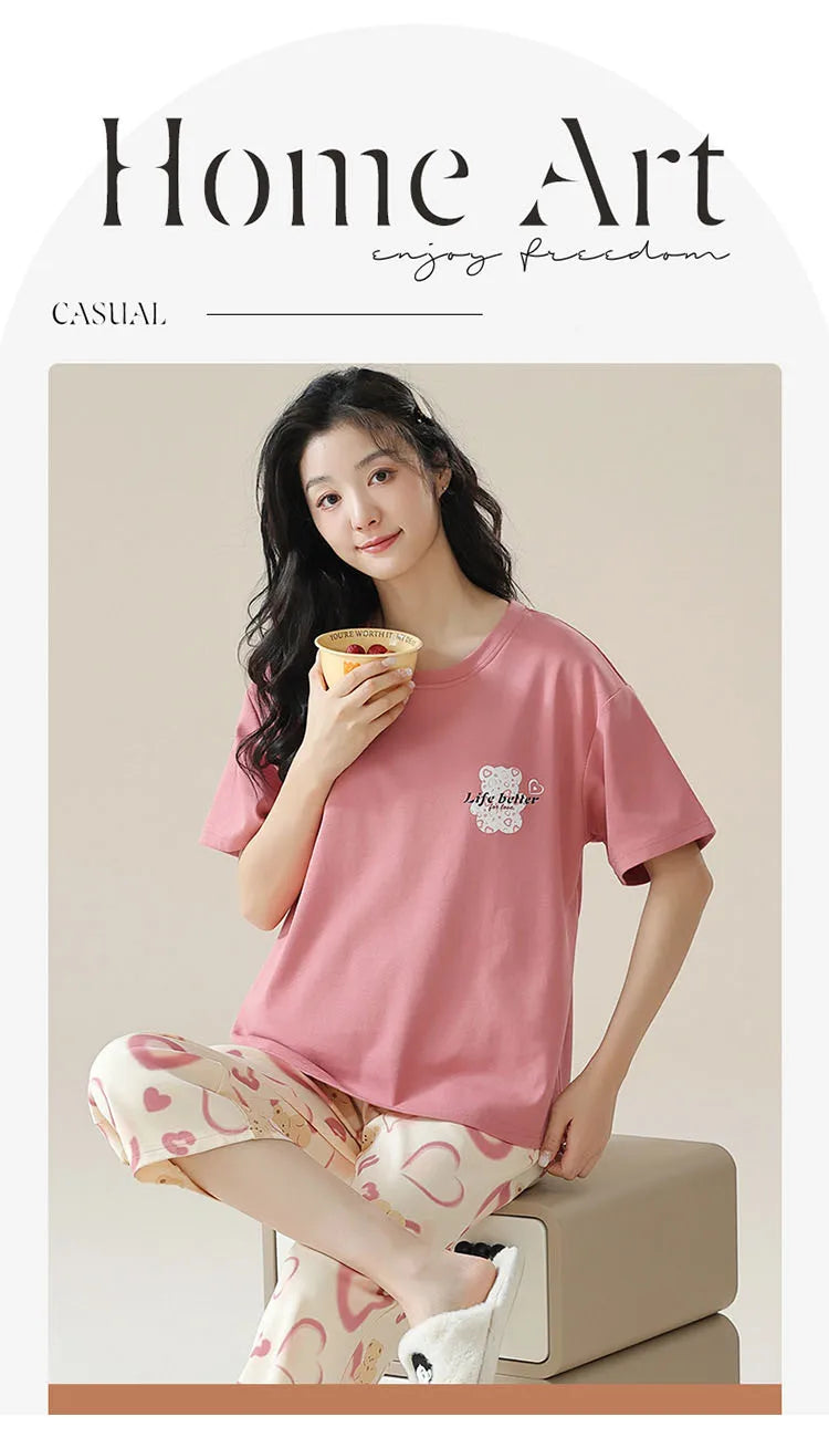 New Summer Pajamas Homewear Suit Women's Short-Sleeved Long Pants Ladies Large Size Loose Leisure Homewear Two-Piece Set