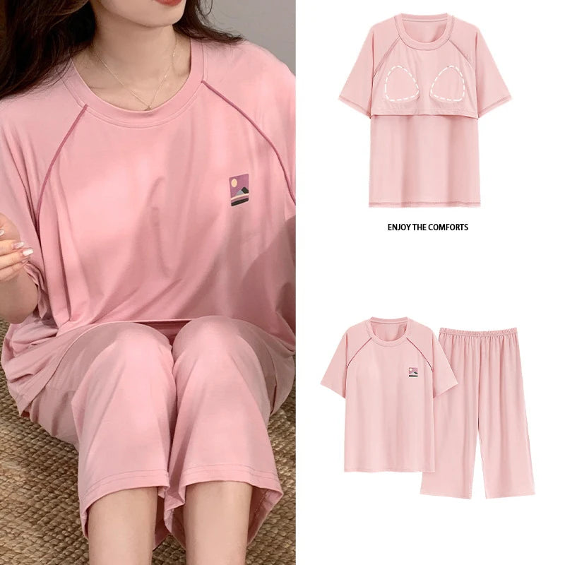 Female Loungewear Pijama Mujer Homewear Summer Nightwear Elegant Women's Pajama Sets Women With Breast Pad Femme Sleepwear