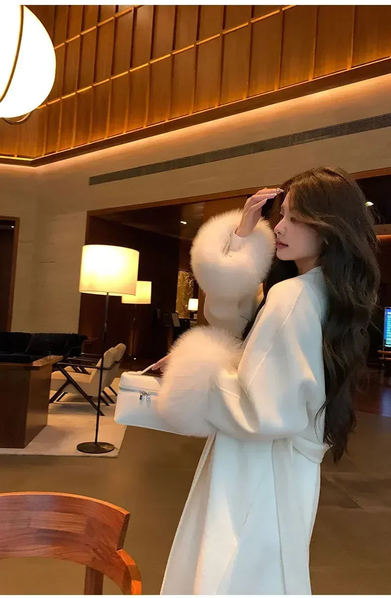 Elegant Warm Woolen Coats Real Fur Jacket with Belt Loose Fashion Outerwears 2024 Women Big Fur Collar Overcoats Female