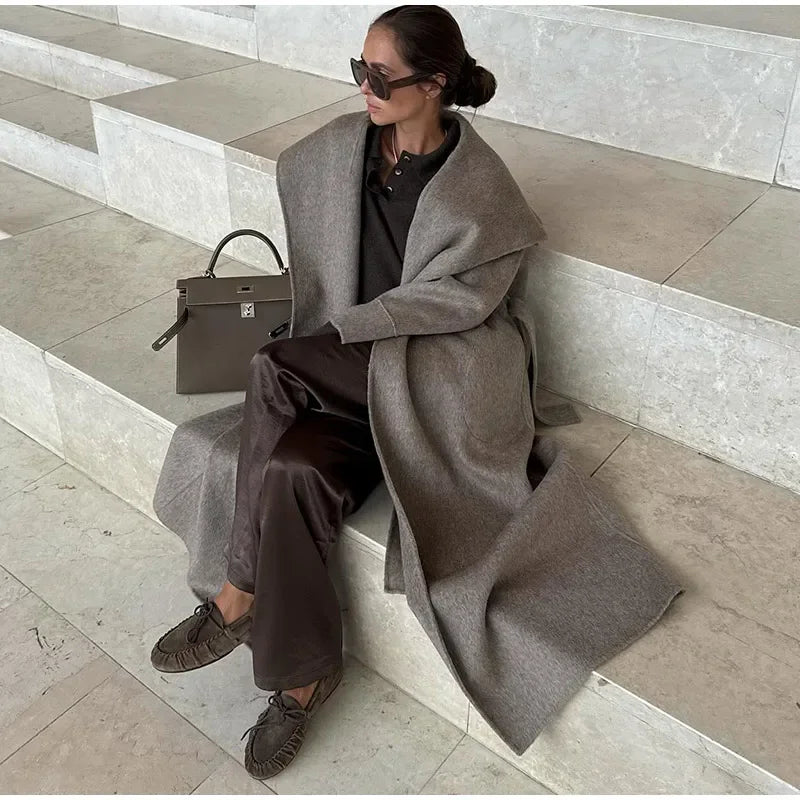 Solid Large Lapel Belted Long Woolen Women Coat Elegant Full Sleeve Lace Up Overcoat  2025 Autumn Winter Wrap Style Outerwear