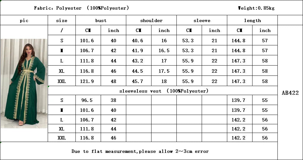 Dress Suit Women Eid Muslim Abaya Party Dresses 2 Piece Sets Embroidery Sashes Ramadan Dubai Kaftan Vestidos Jalabiya Long Robe