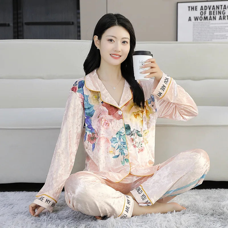 Women Pajama Sets Velvet Pajamas Women's Fall Long-sleeved Set of Women's Senior Fashion Cardigan Models Plus Size Homewear