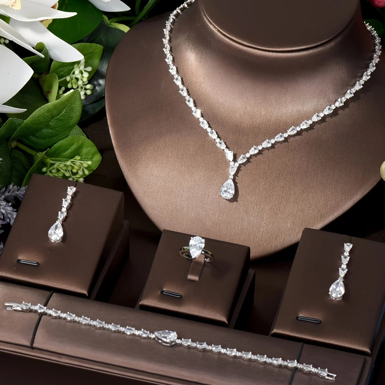 Classic Water Drop Cubic Zirconia Dubia Women Bridal Jewelry Sets 4PCS Necklace Earring Set Bijoux Femme Ensemble S-342