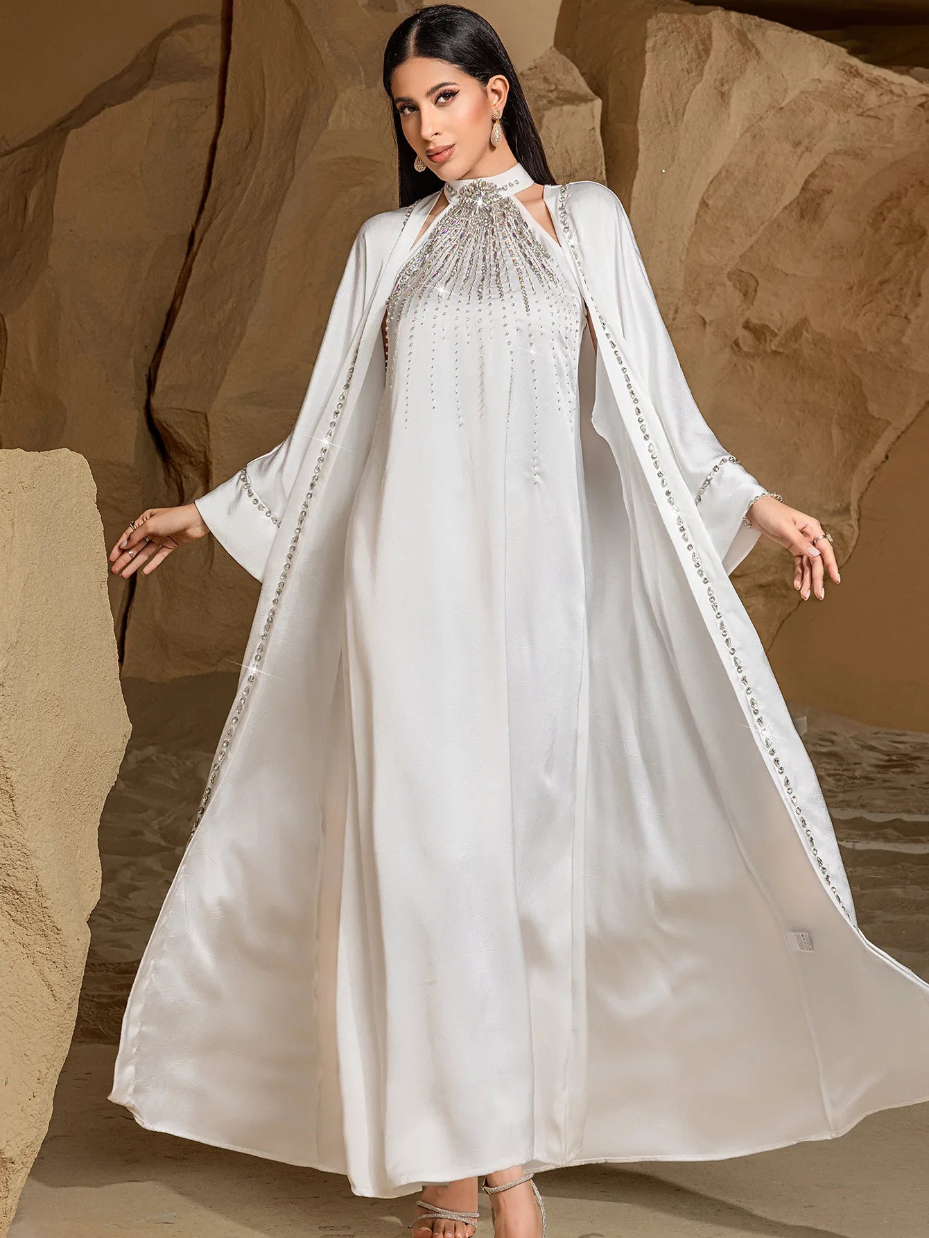 Ramadan White Dubai Satin Evening 2 Piece Set Abaya Muslim Prayer Clothes African Dresses For Women Robe Femme Musulmane Kaftan