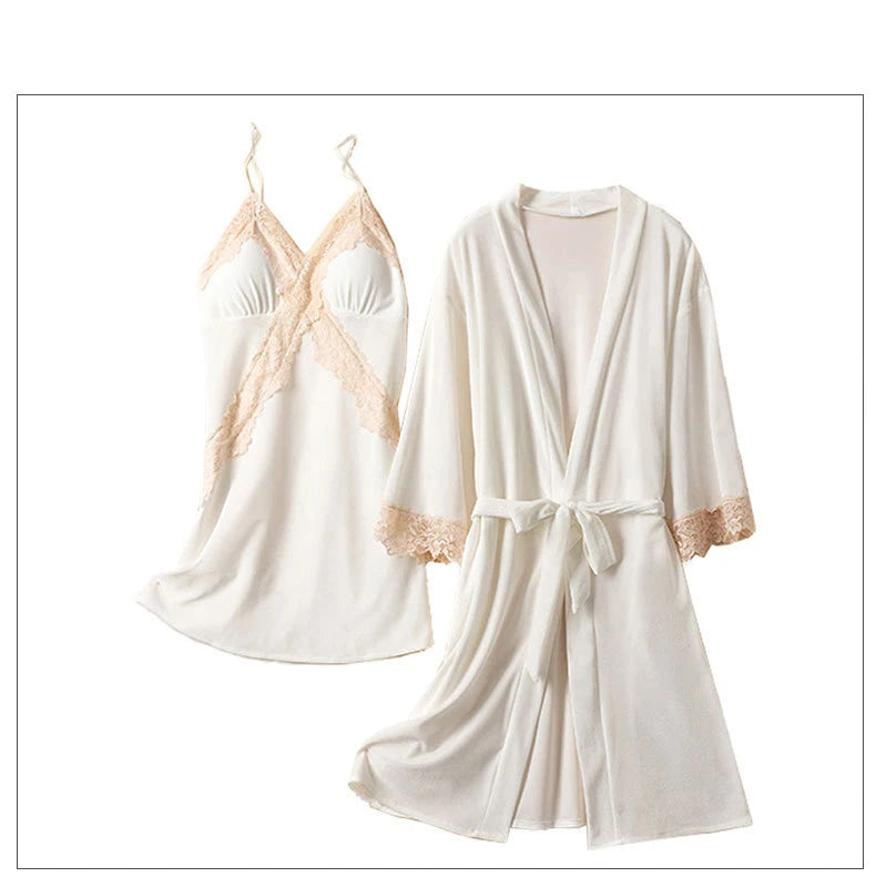 Pajama Set Woman Thick Flannel Velvet Female Fall Sexy Lace Long-sleeved Suit With Corset Pads Sling Nightgown Robe Homewear