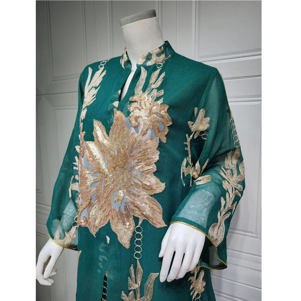 Muslim Abaya Dress Dubai Ramadan Sequins Floral Embroidered Moroccan Caftan Women Evening Gown Eid Djellaba Jalabiya Vestidos