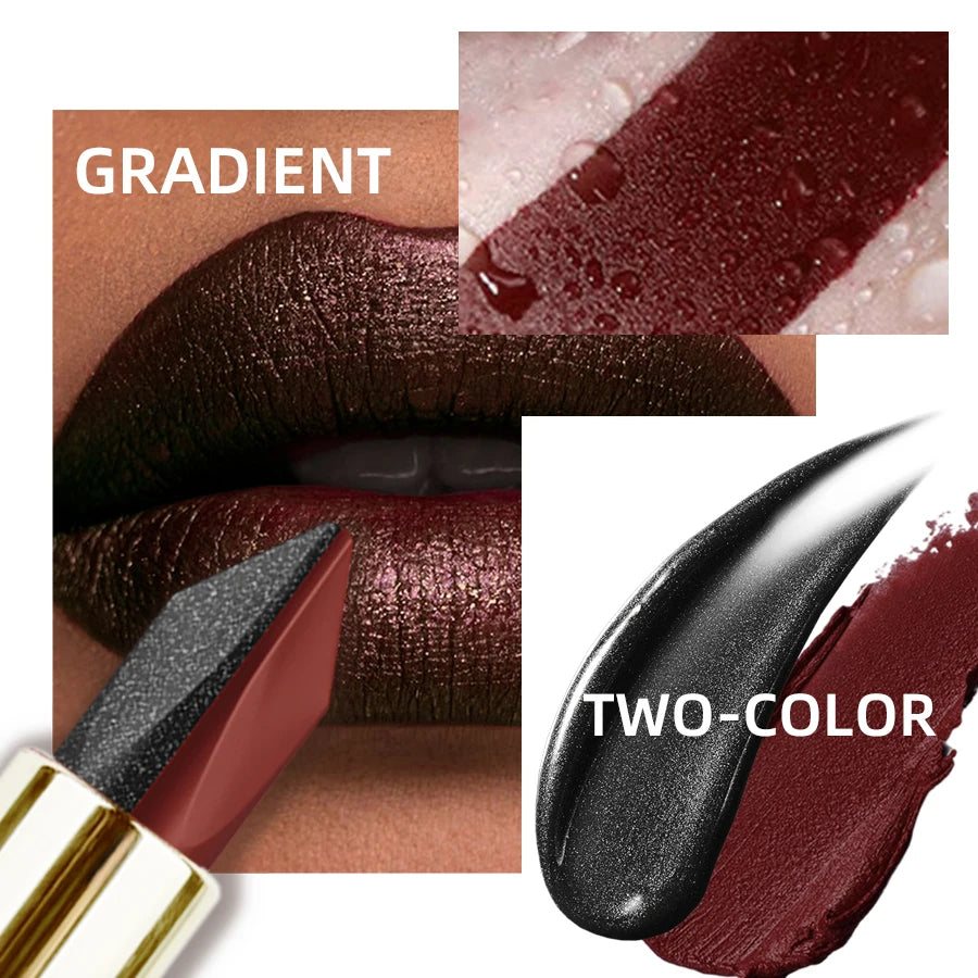 1PC Glitter Waterproof Two-tone Lipstick Matte Non-stick Pearlescent Diamond Lip Tint Red Black Brown Lips Makeup for Women Cosm