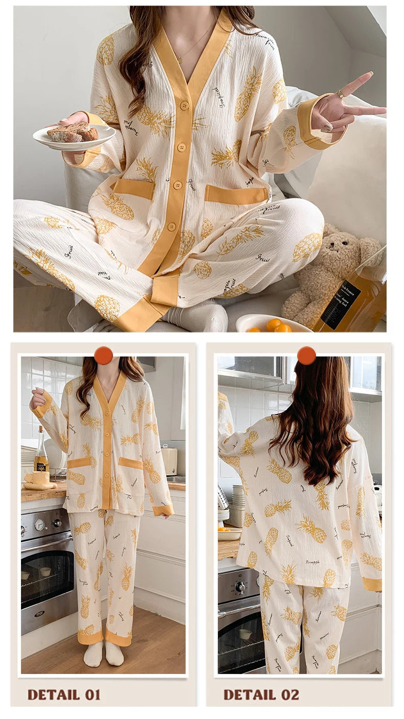 Sexy Pajamas Women's Long-sleeved Cotton Sleepwear Night Gown Home Clothes Pajamas Lounge Wear Loose Suit Home Service