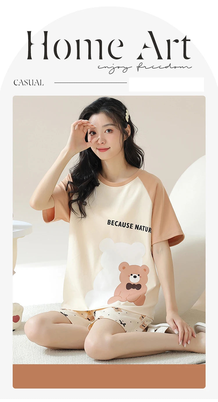 Female Summer Pijamas Short Women Cotton Pajamas Sleeve Shorts Nightwear Sweet Sleepwear Cartoon Pyjamas Woman Home Suit