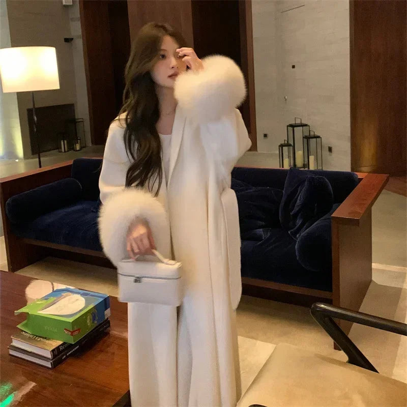 Elegant Warm Woolen Coats Real Fur Jacket with Belt Loose Fashion Outerwears 2024 Women Big Fur Collar Overcoats Female