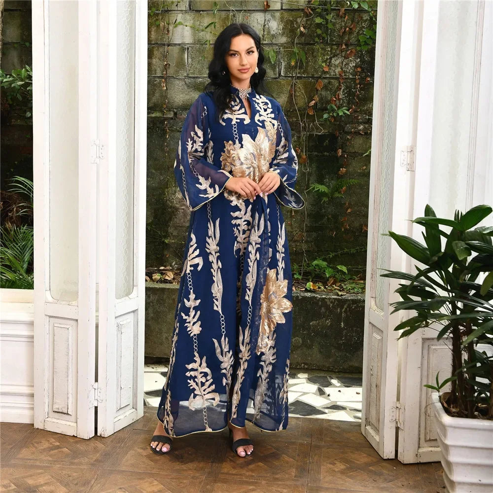 Muslim Abaya Dress Dubai Ramadan Sequins Floral Embroidered Moroccan Caftan Women Evening Gown Eid Djellaba Jalabiya Vestidos