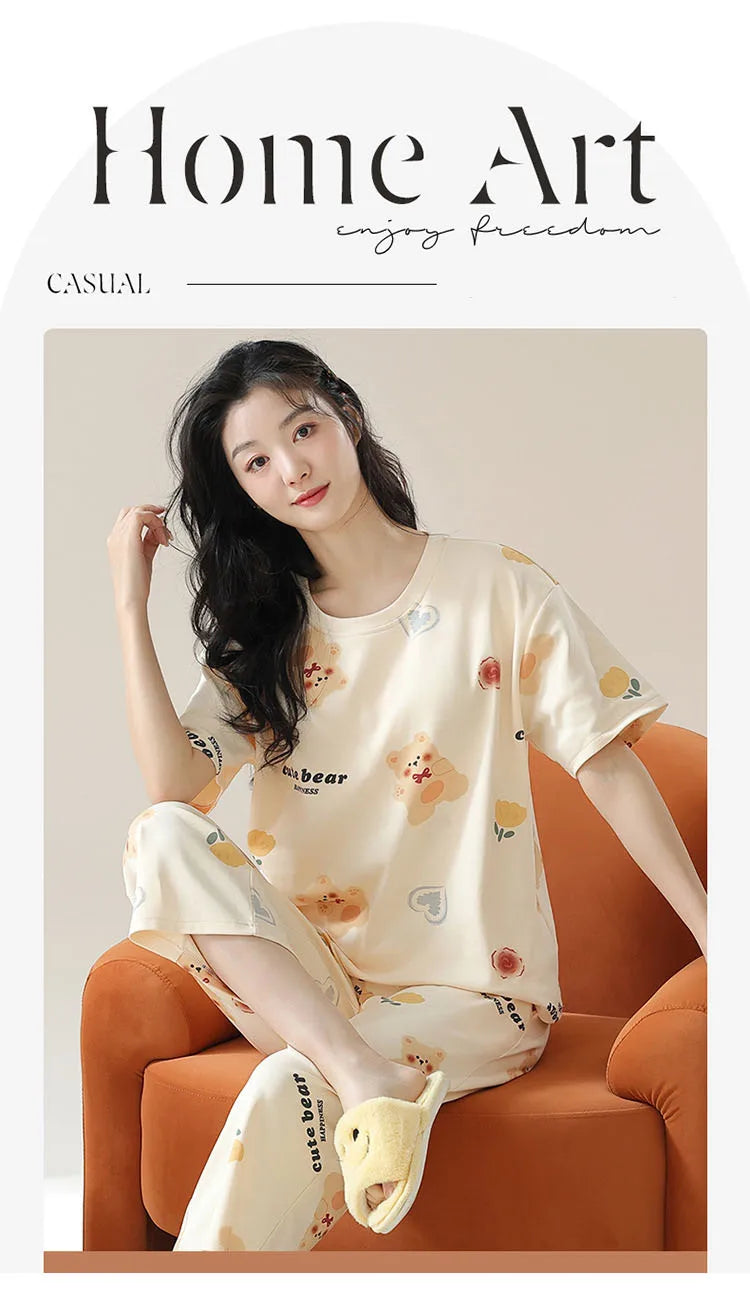 New Summer Pajamas Homewear Suit Women's Short-Sleeved Long Pants Ladies Large Size Loose Leisure Homewear Two-Piece Set