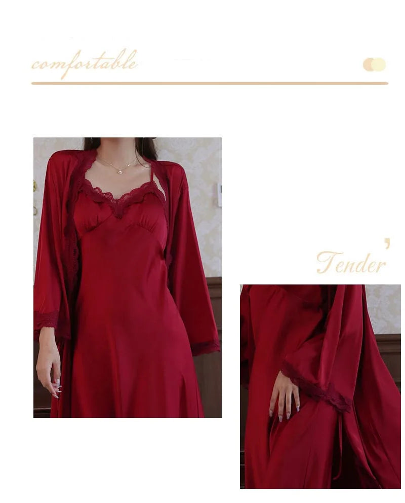 Sexy Ladies Silk Homewear French Pajamas Women's Spring And Fall Senior Ice Silk Extra-long Nightgown Wedding Bride Robe