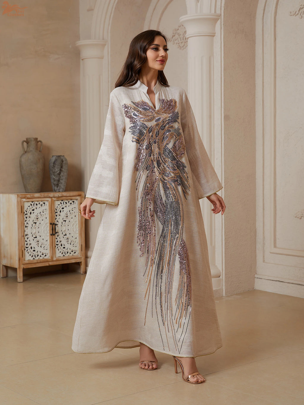Uni Dubai Sequins Embroidery Luxury Woman Evening Dress Mesh Sleeve Abaya V-Neck Beaded Caftan Marocain Femme 2025