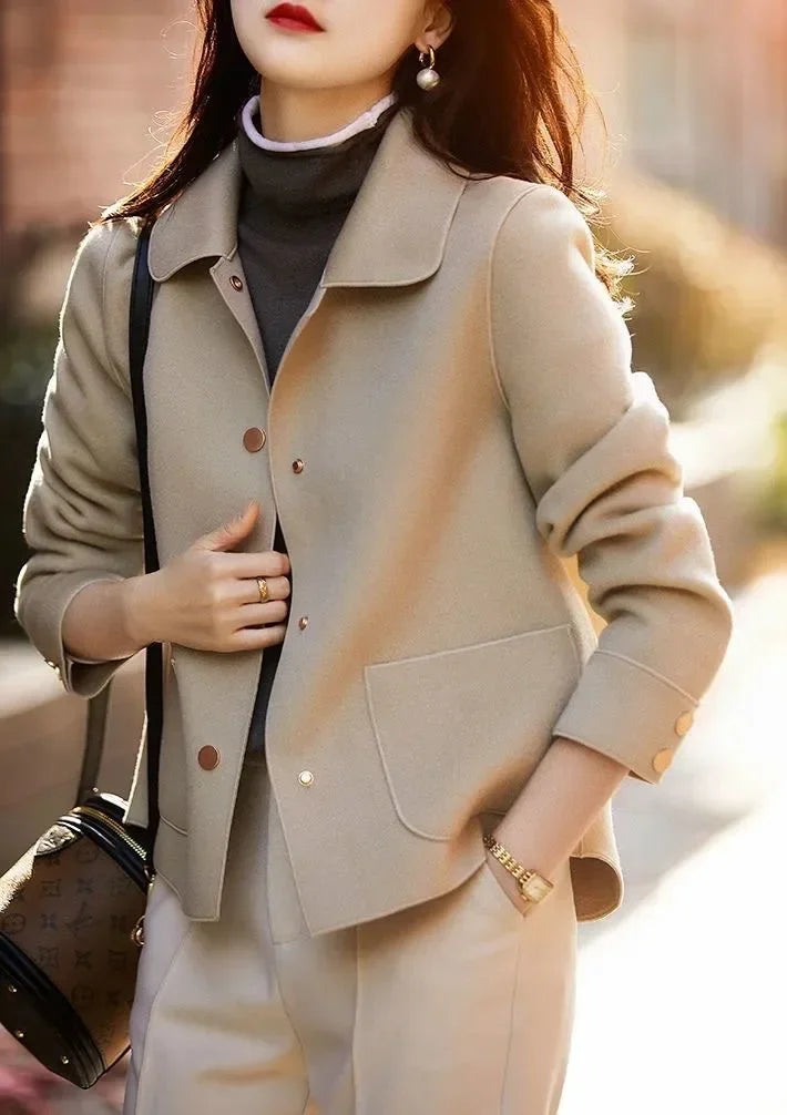 Double-Sided Woolen Short Coat Women's Suiting Jacket Autumn Winter New Style Turn-down Collar New Top Polyester Fiber