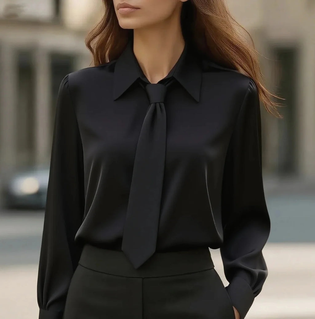 Women's Solid Color Satin Tie Long Sleeve Casual Shirt Work Shirt Blouse Plain Modern Casual Long Sleeve Shirt