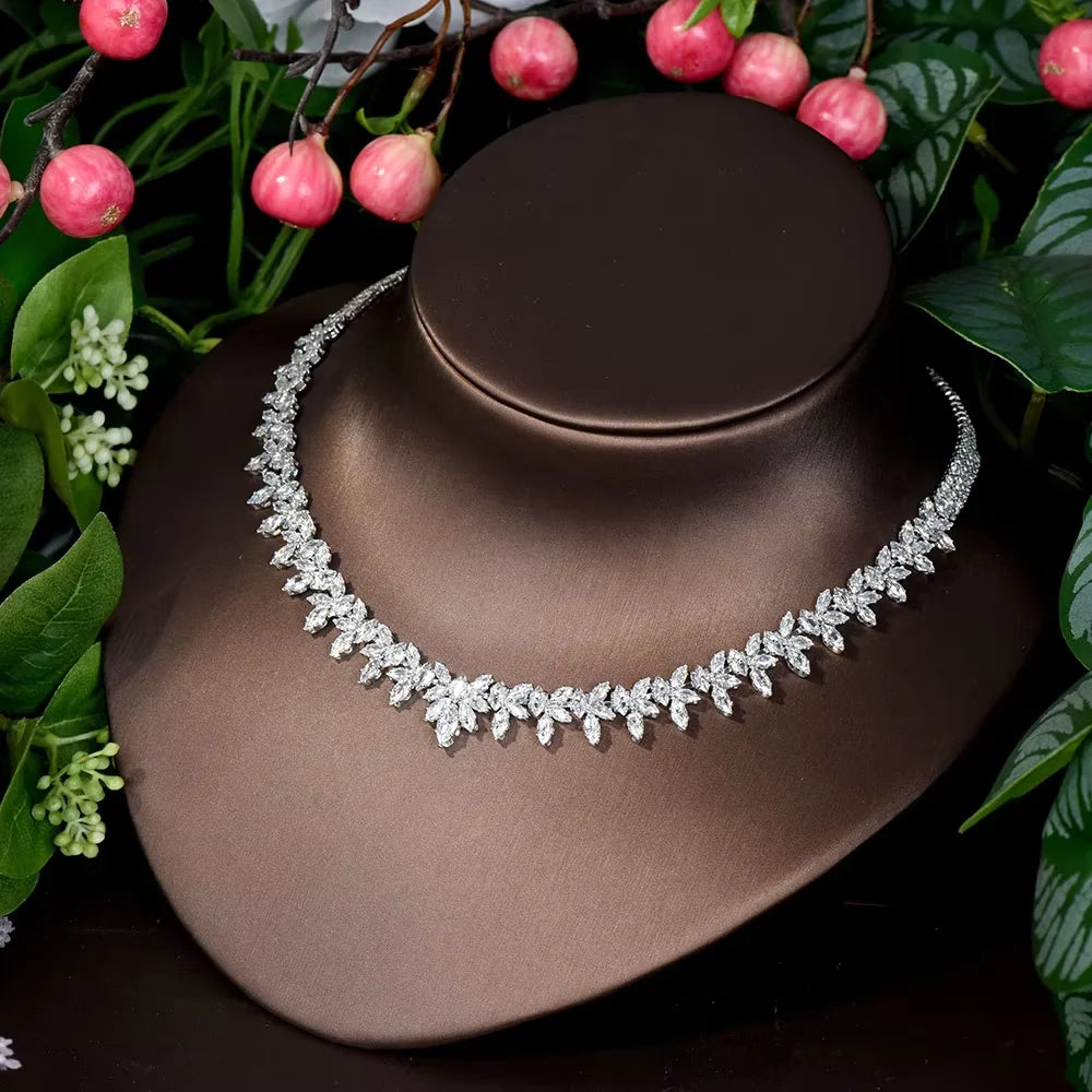 Fashion Cubic Zircon Leaf Pendant Necklace and Earrings Set 4PCS Bridal Wedding Jewelry Set for Women Gifts Bijoux  S-353
