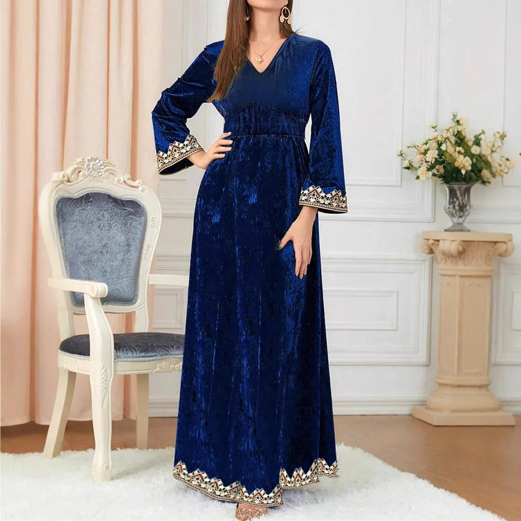 SuperAen Fashion Autumn and Winter New Dress Velvet Fashionable Elegant V-neck Pullover Long A-line Dresses