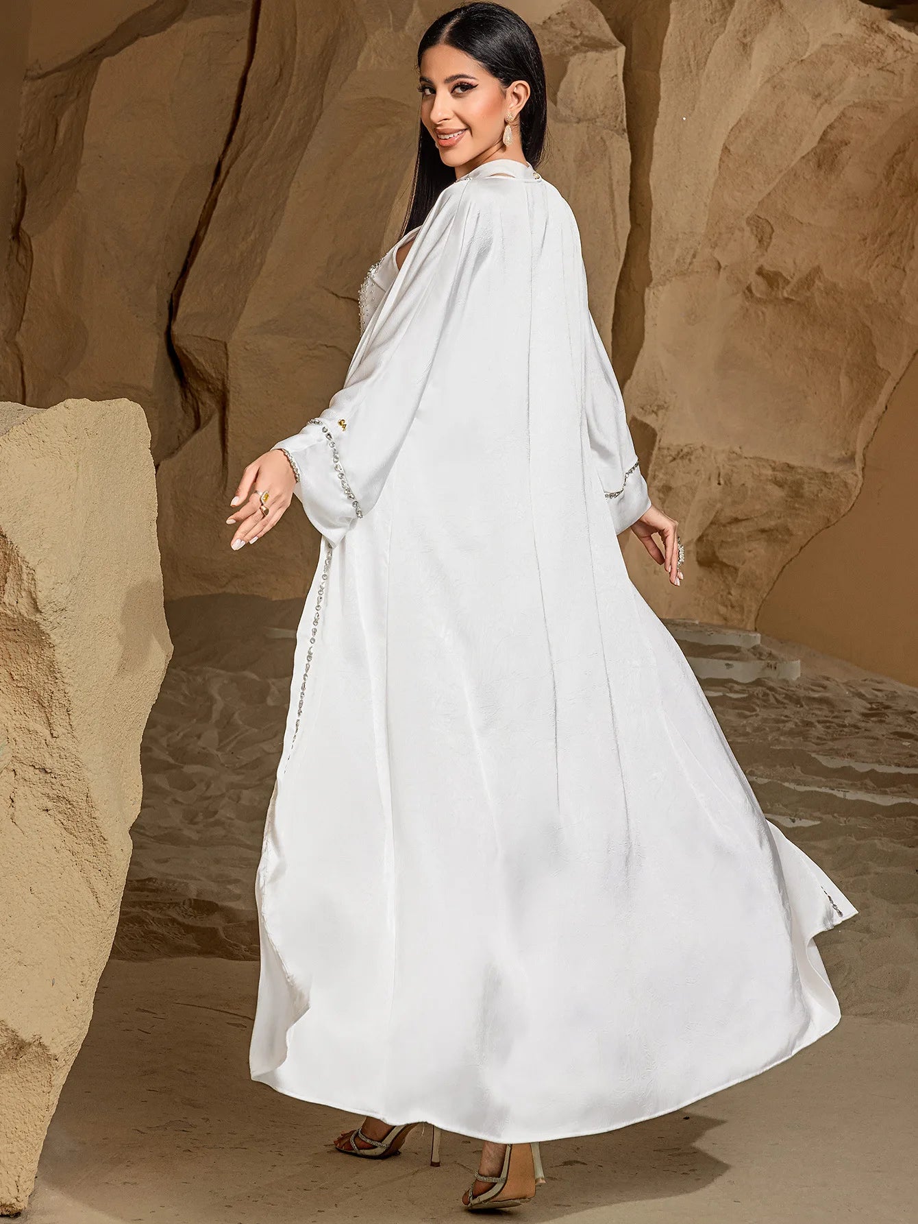 Ramadan White Dubai Satin Evening 2 Piece Set Abaya Muslim Prayer Clothes African Dresses For Women Robe Femme Musulmane Kaftan
