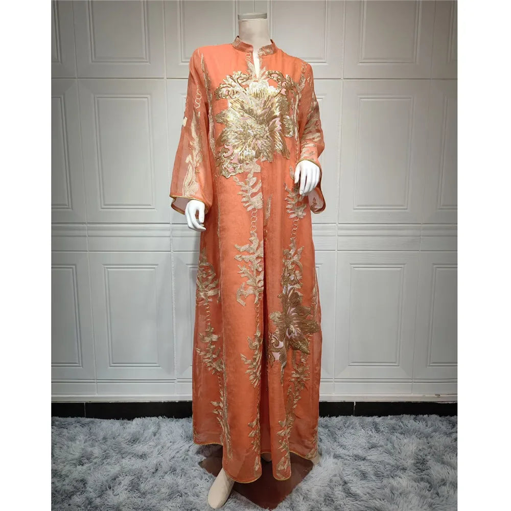 Muslim Abaya Dress Dubai Ramadan Sequins Floral Embroidered Moroccan Caftan Women Evening Gown Eid Djellaba Jalabiya Vestidos
