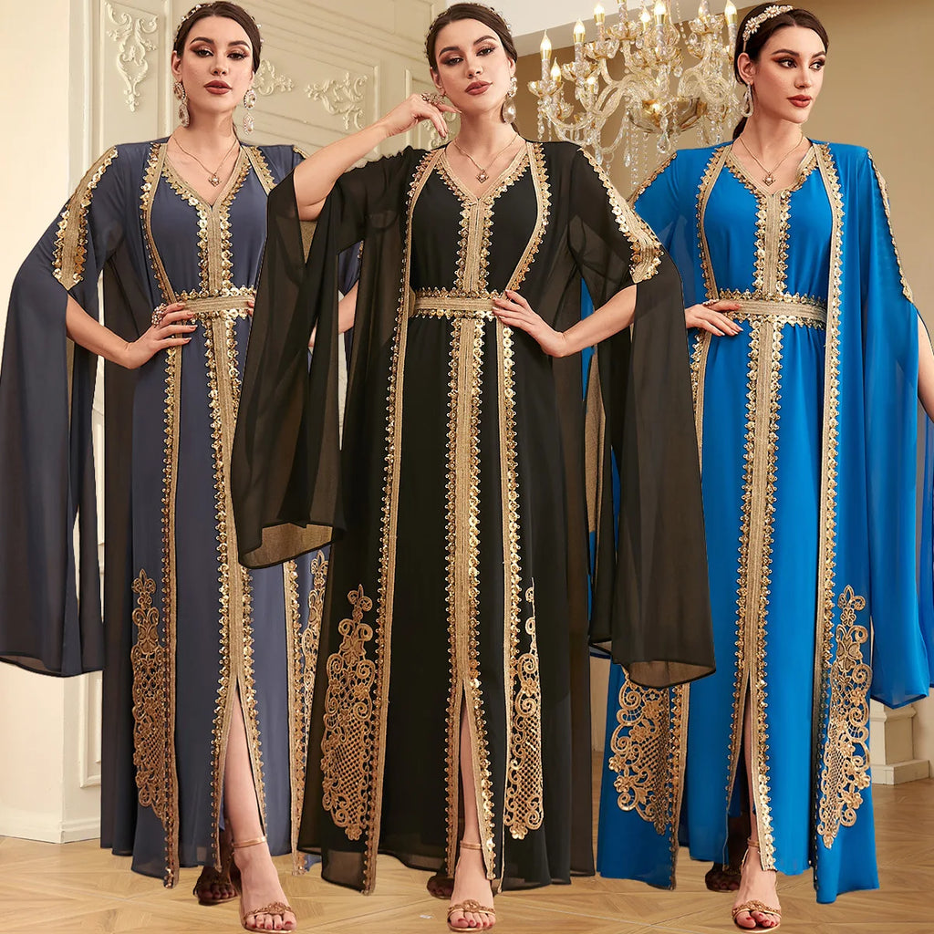 Dubai Embroidery Open Kimono Abaya Vest Dress Set Muslim Women Party Dresses Kaftan Islam Clothing Evening Arab Djellaba Caftan